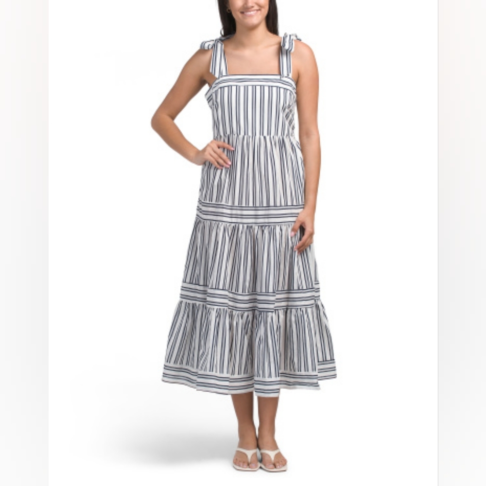 NWT - Ellen Tracy Cotton Black Striped Tie Shoulder Square Neck Midi Dress - L